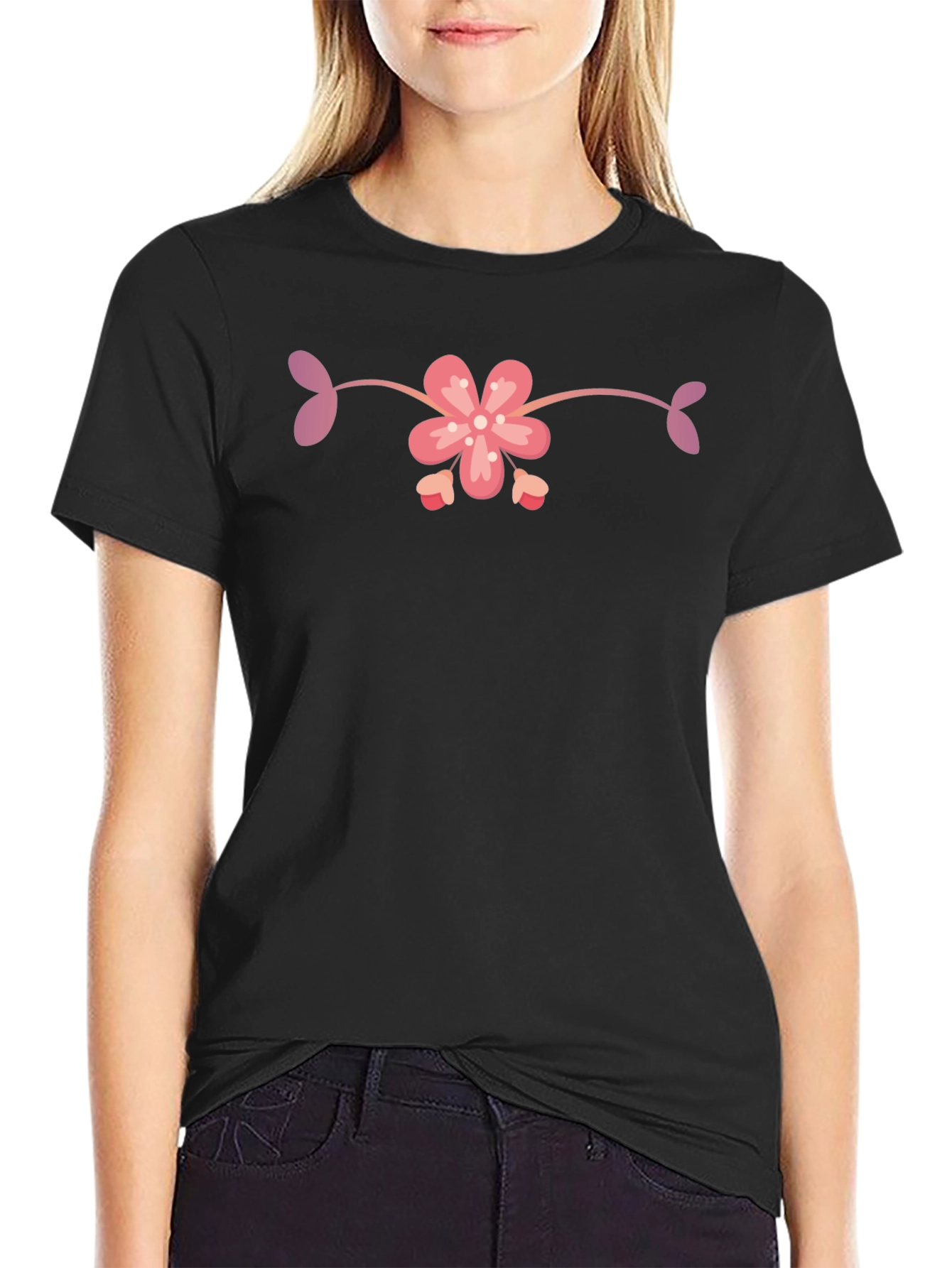 Black T-Shirt with Floral Design
