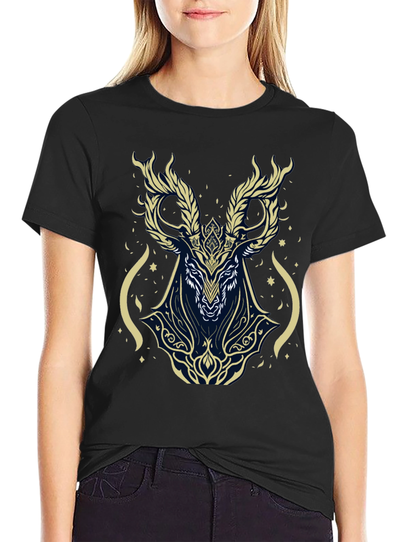 Mystic Deer Graphic Tee - Black Cotton Blend