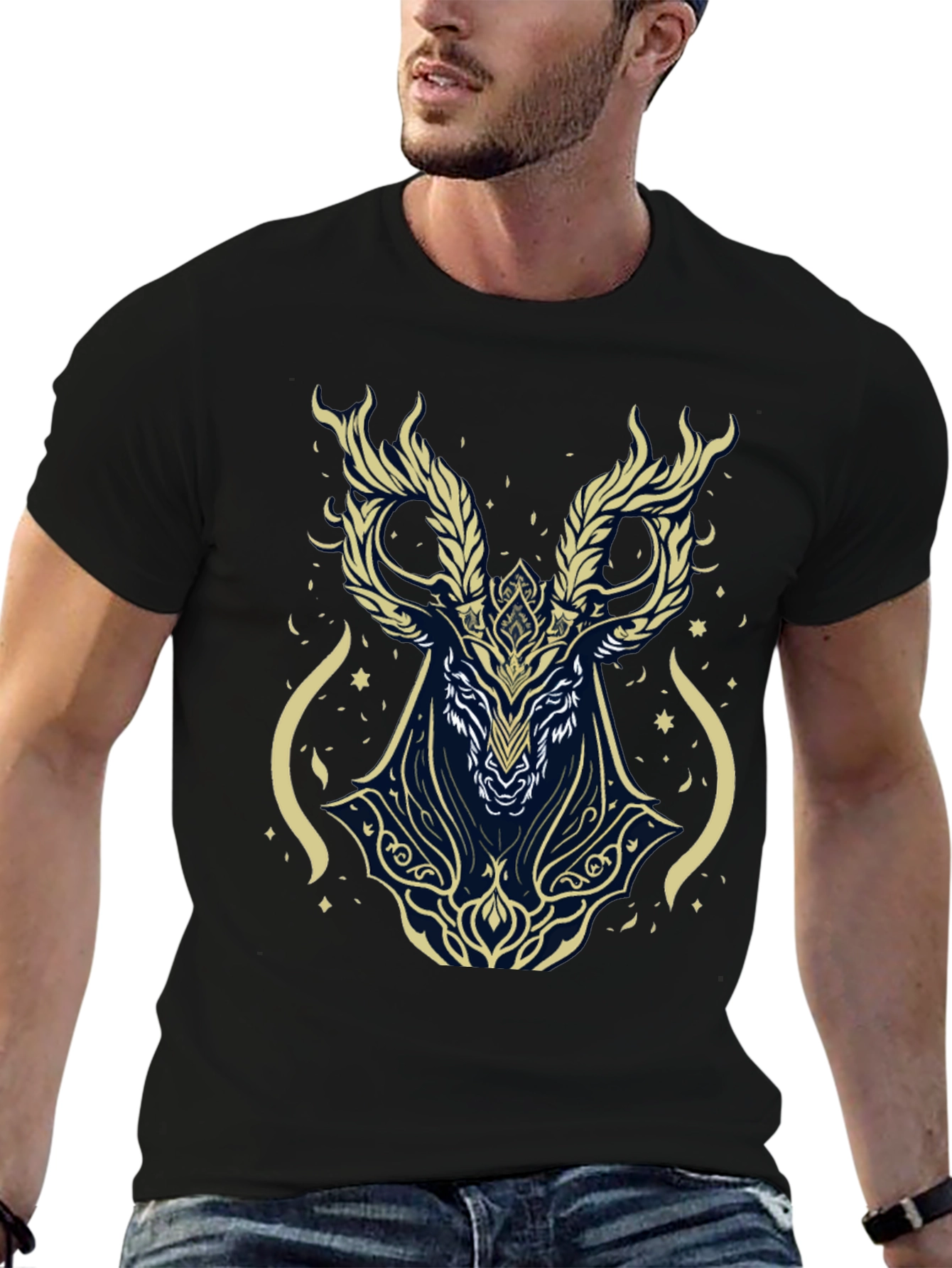Mystic Deer Graphic Tee - Black Cotton Blend