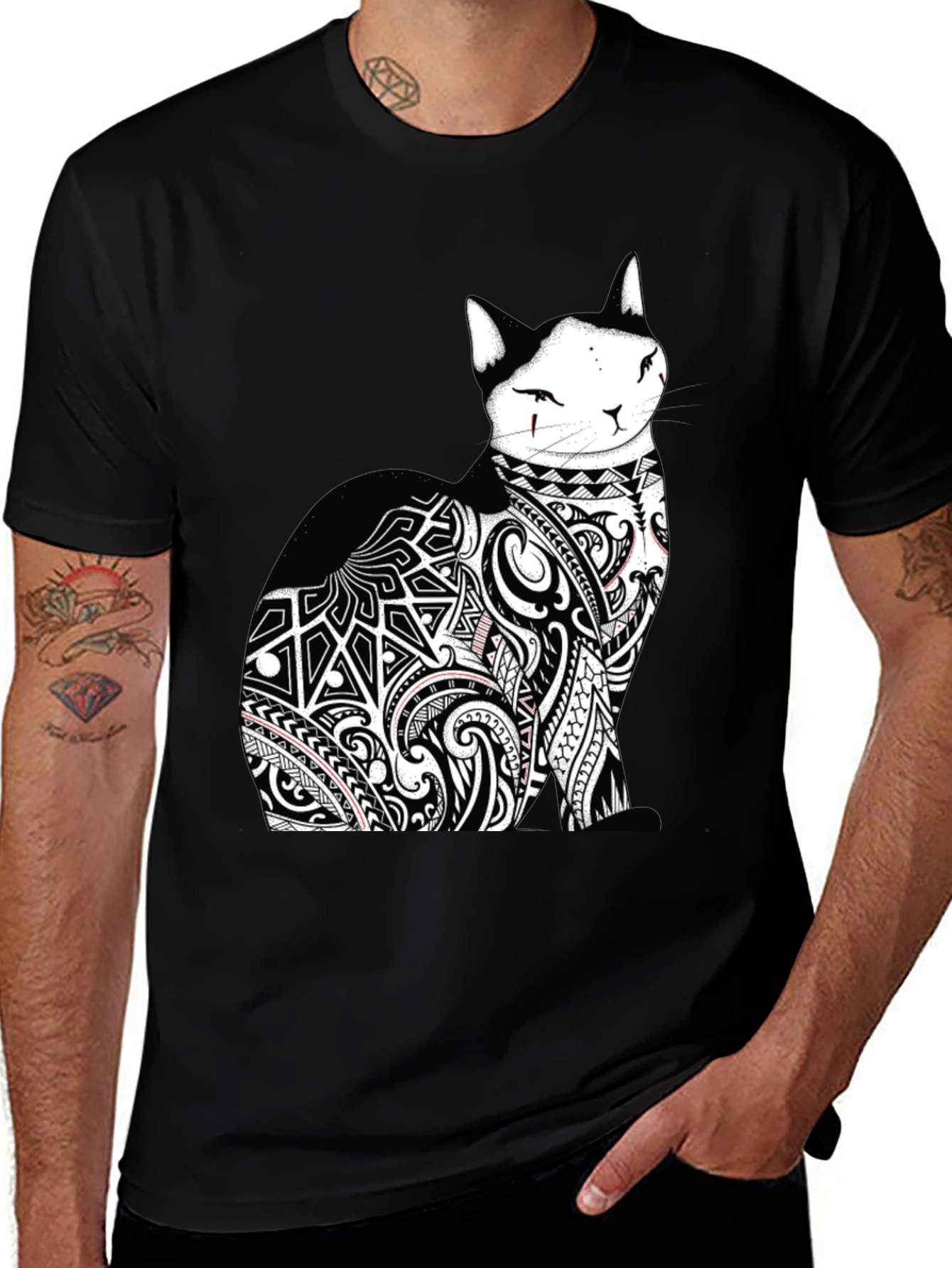 Tribal Tattoo Cat Black T-Shirt