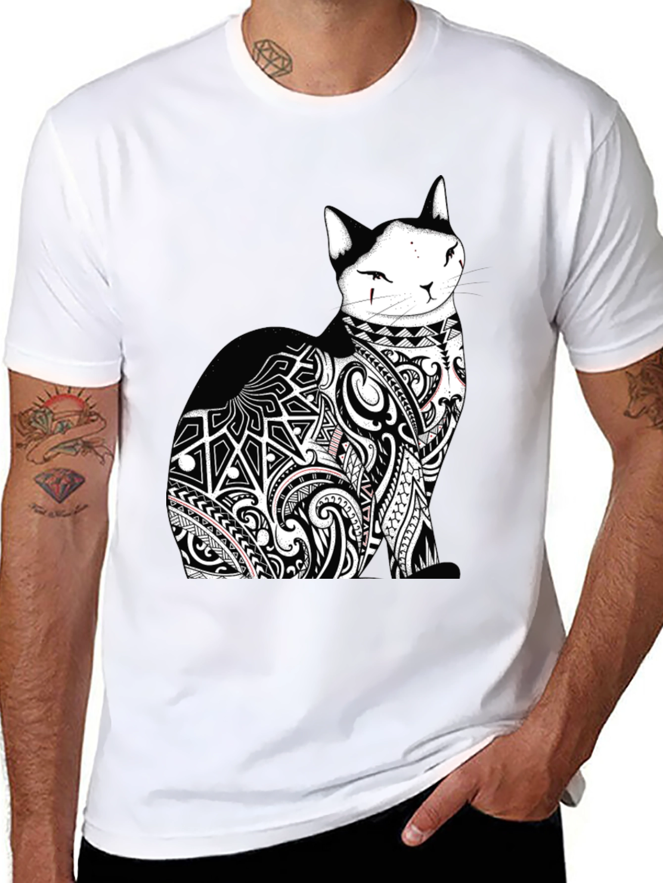 Tribal Tattoo Cat Black T-Shirt