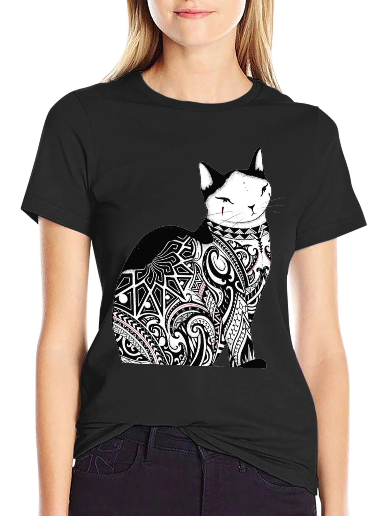 Tribal Tattoo Cat Black T-Shirt