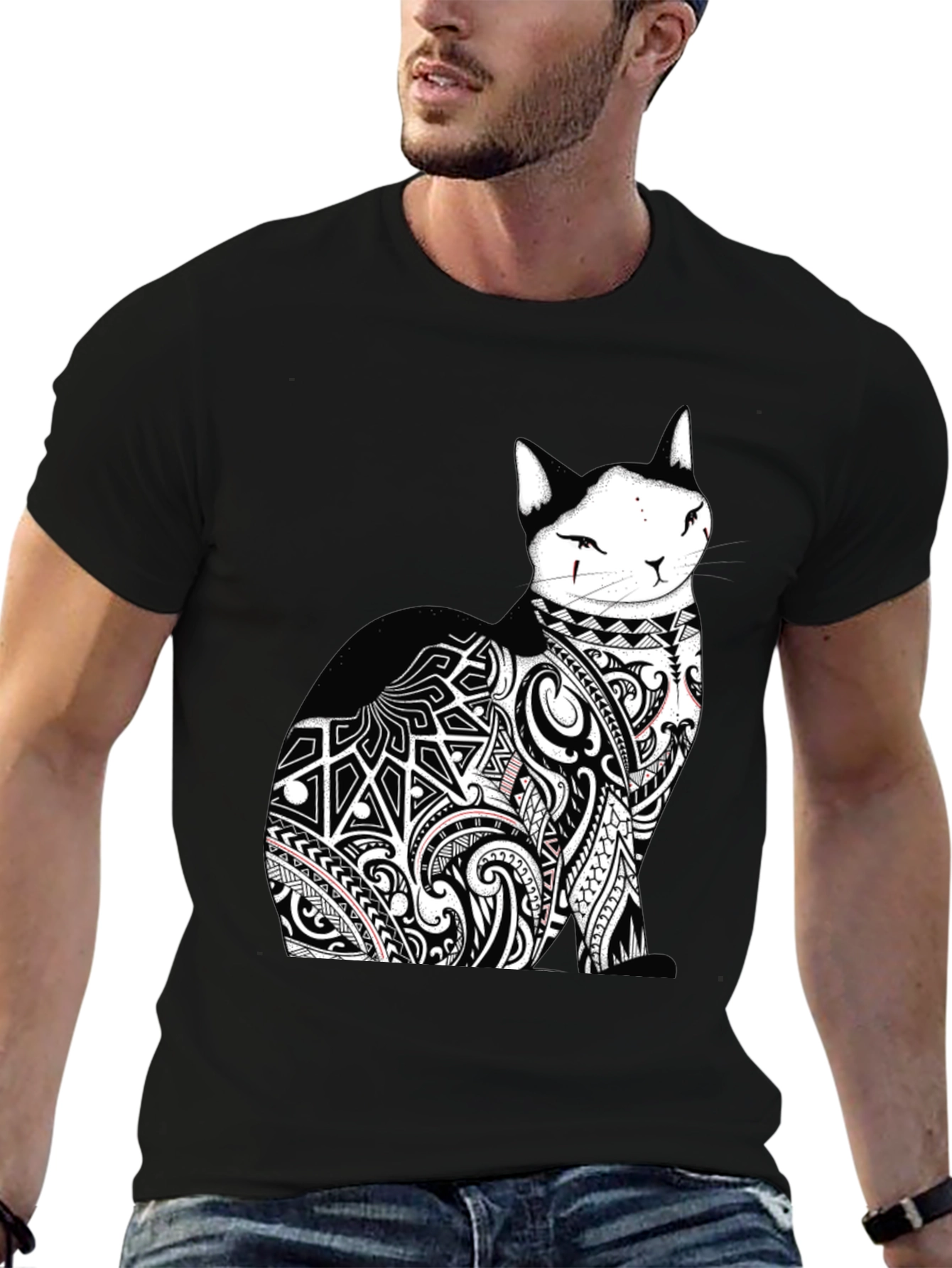 Tribal Tattoo Cat Black T-Shirt