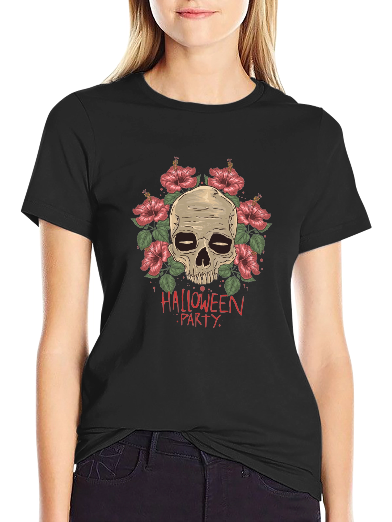 Halloween Party Skull & Flower Graphic Tee