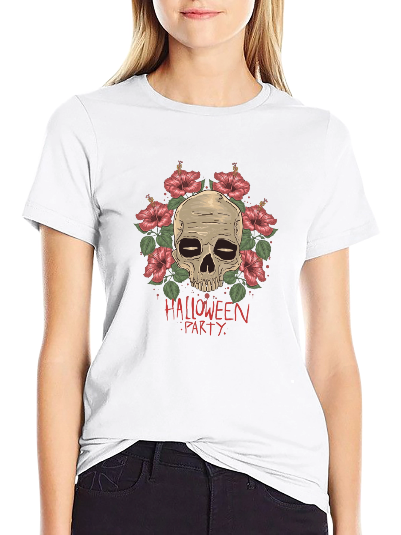 Halloween Party Skull & Flower Graphic Tee