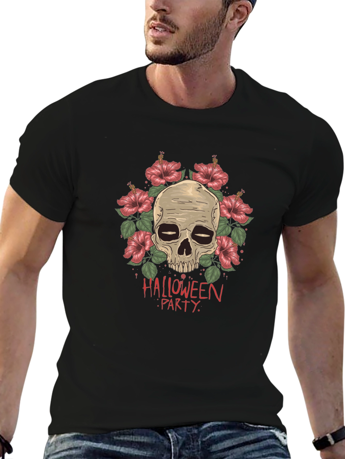 Halloween Party Skull & Flower Graphic Tee