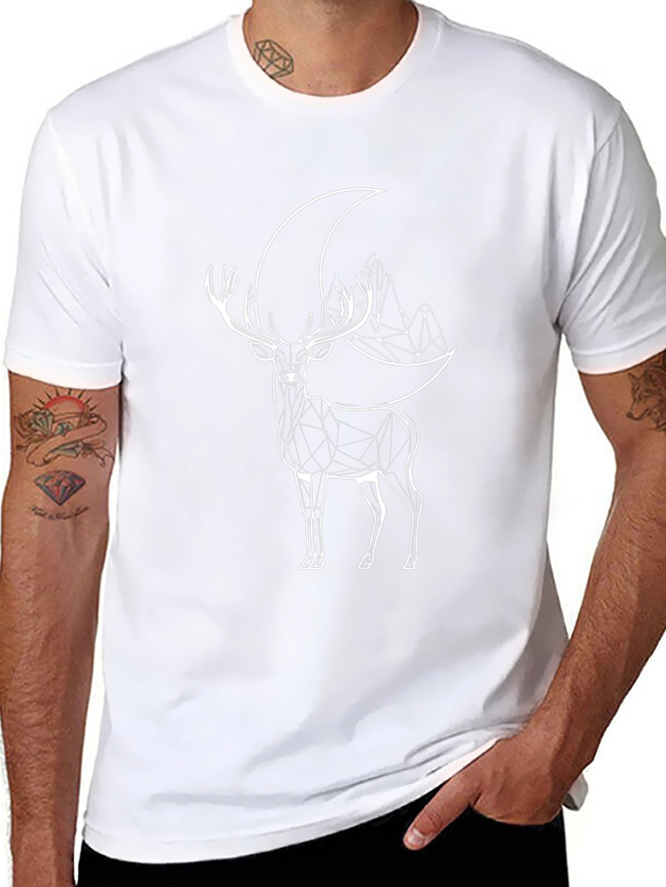 Geometric Deer & Moon Graphic Tee - Black