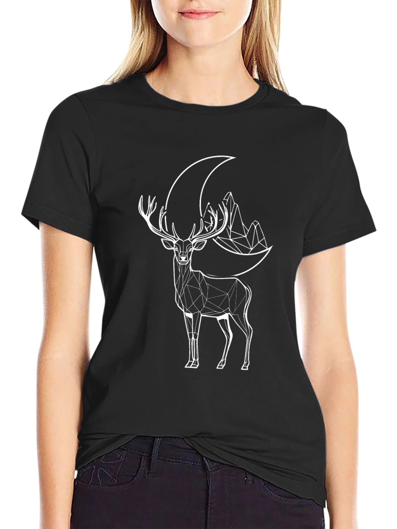 Geometric Deer & Moon Graphic Tee - Black