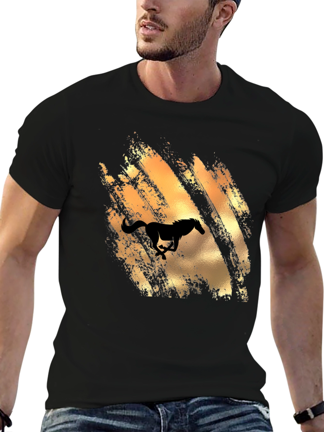 Mens Black T-Shirt with Horse Graphic