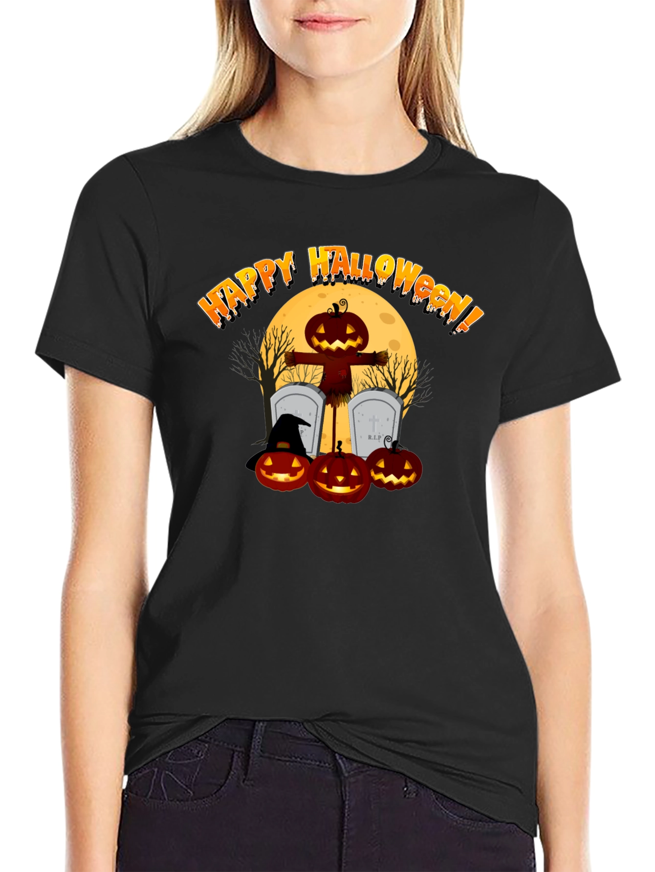Happy Halloween Pumpkin Scarecrow Black T-Shirt