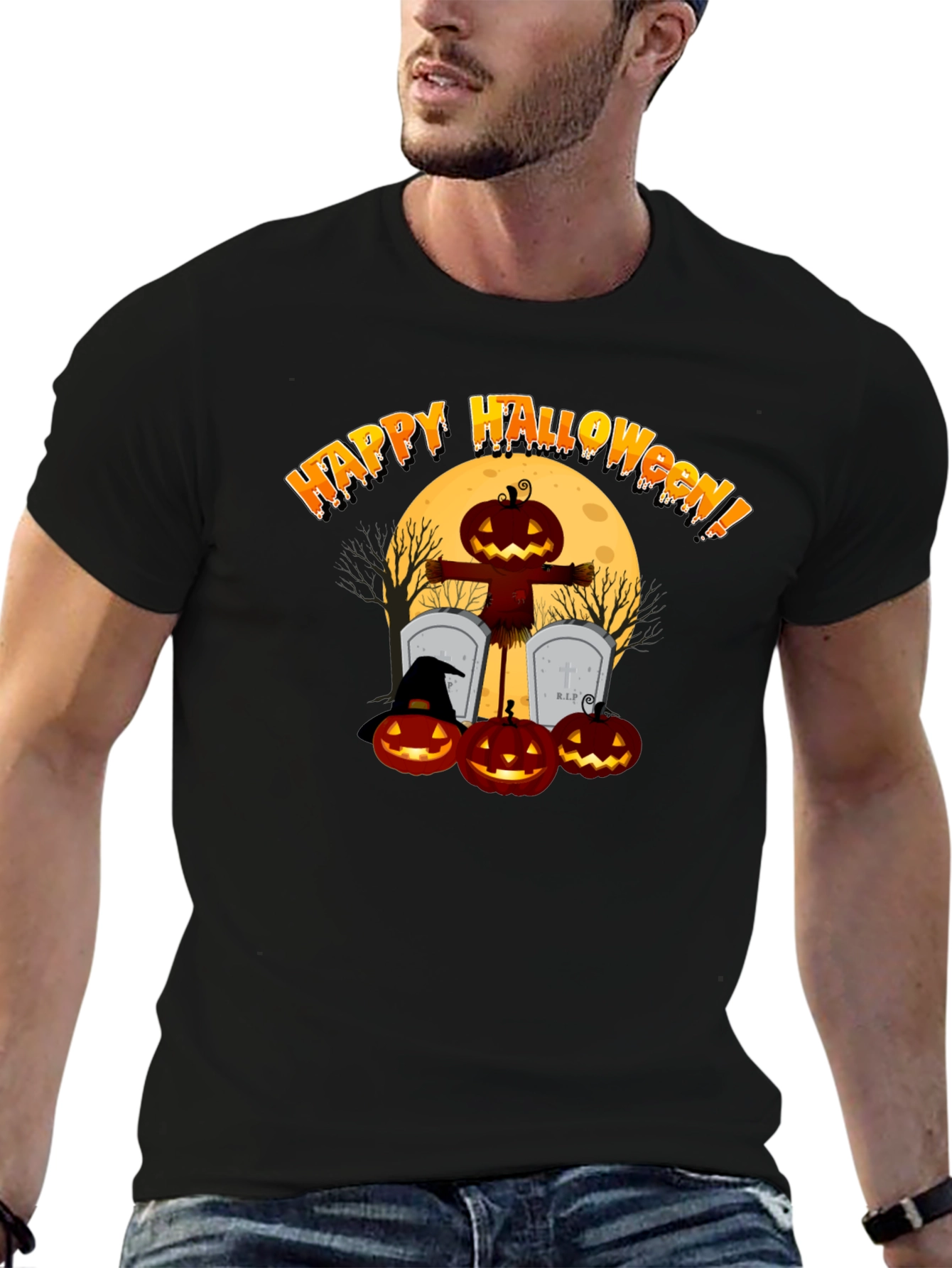 Happy Halloween Pumpkin Scarecrow Black T-Shirt