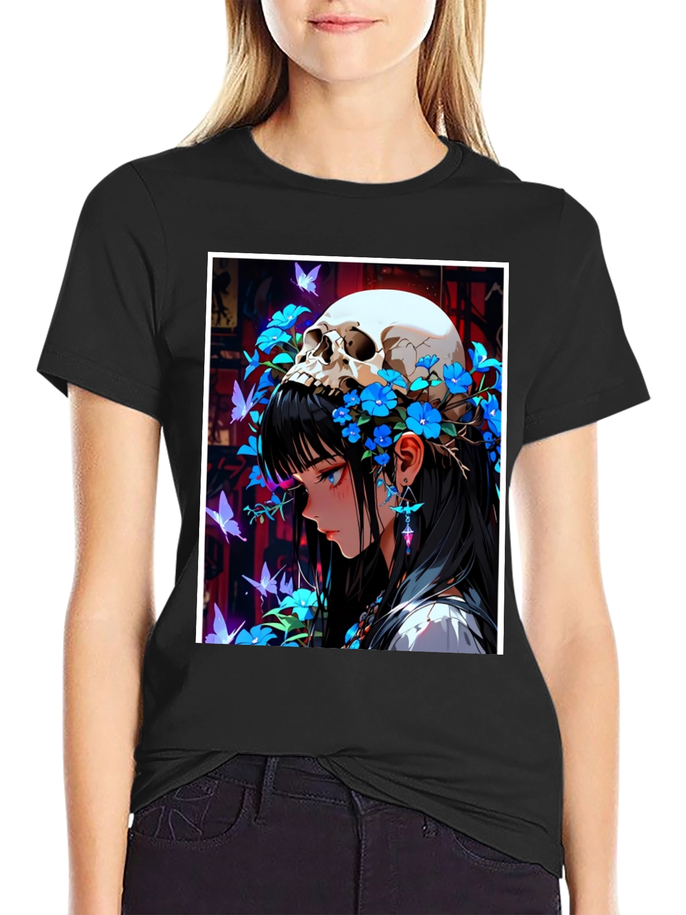 Anime Skull Girl Graphic Tee - Black