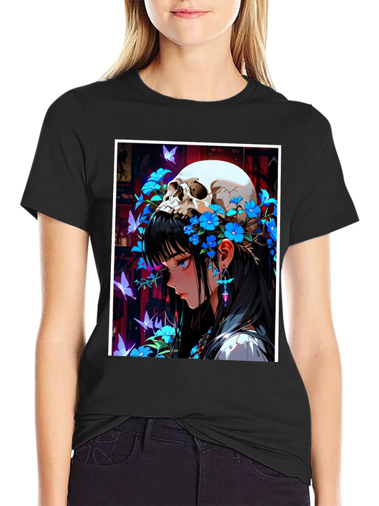 Anime Skull Girl Graphic Tee - Black