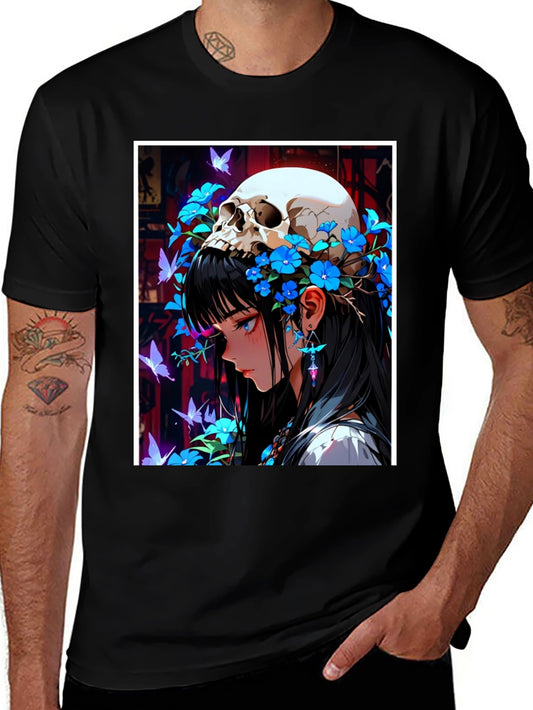 Anime Skull Girl Graphic Tee - Black