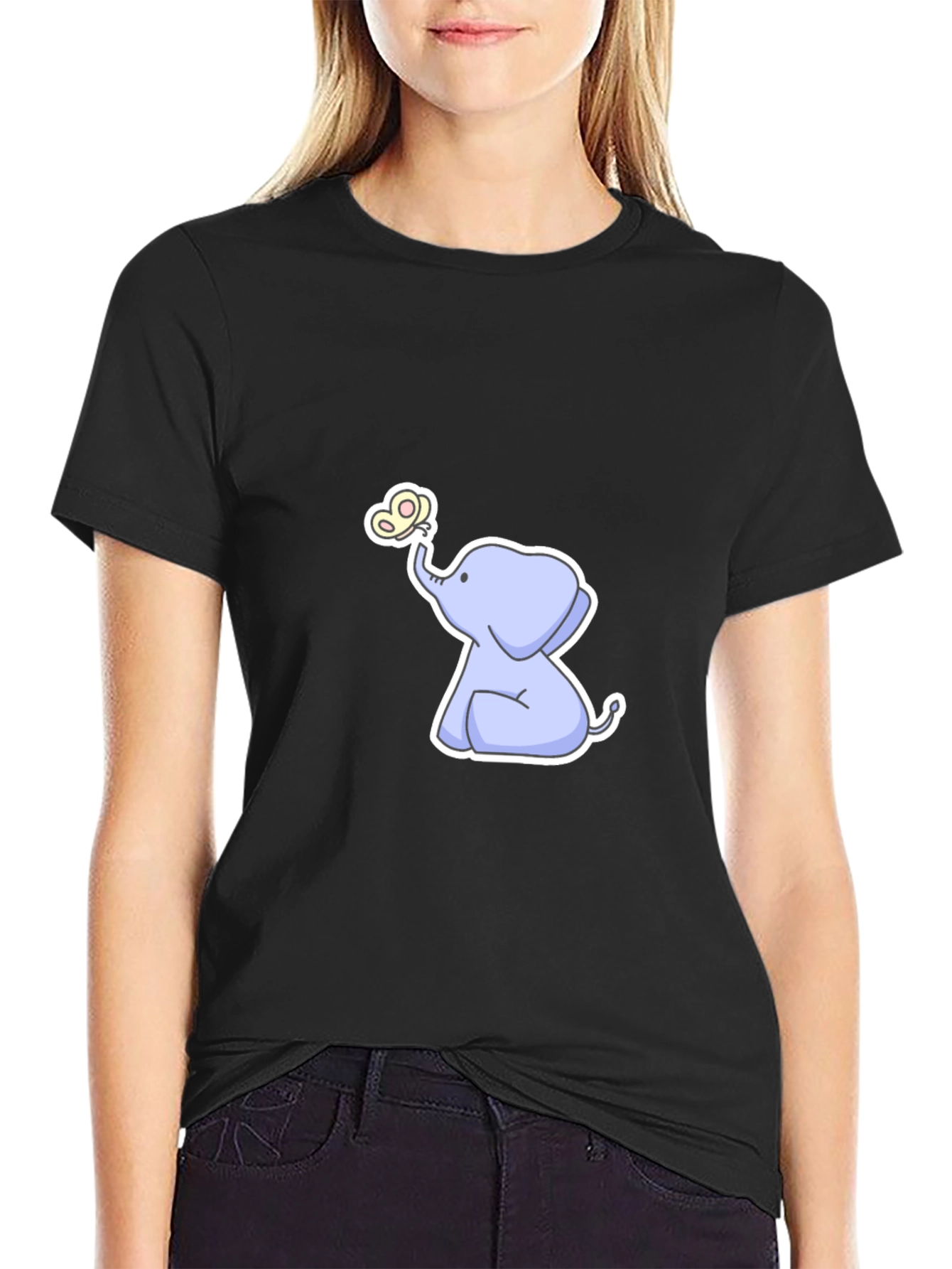 Cute Elephant & Butterfly Graphic Black T-Shirt