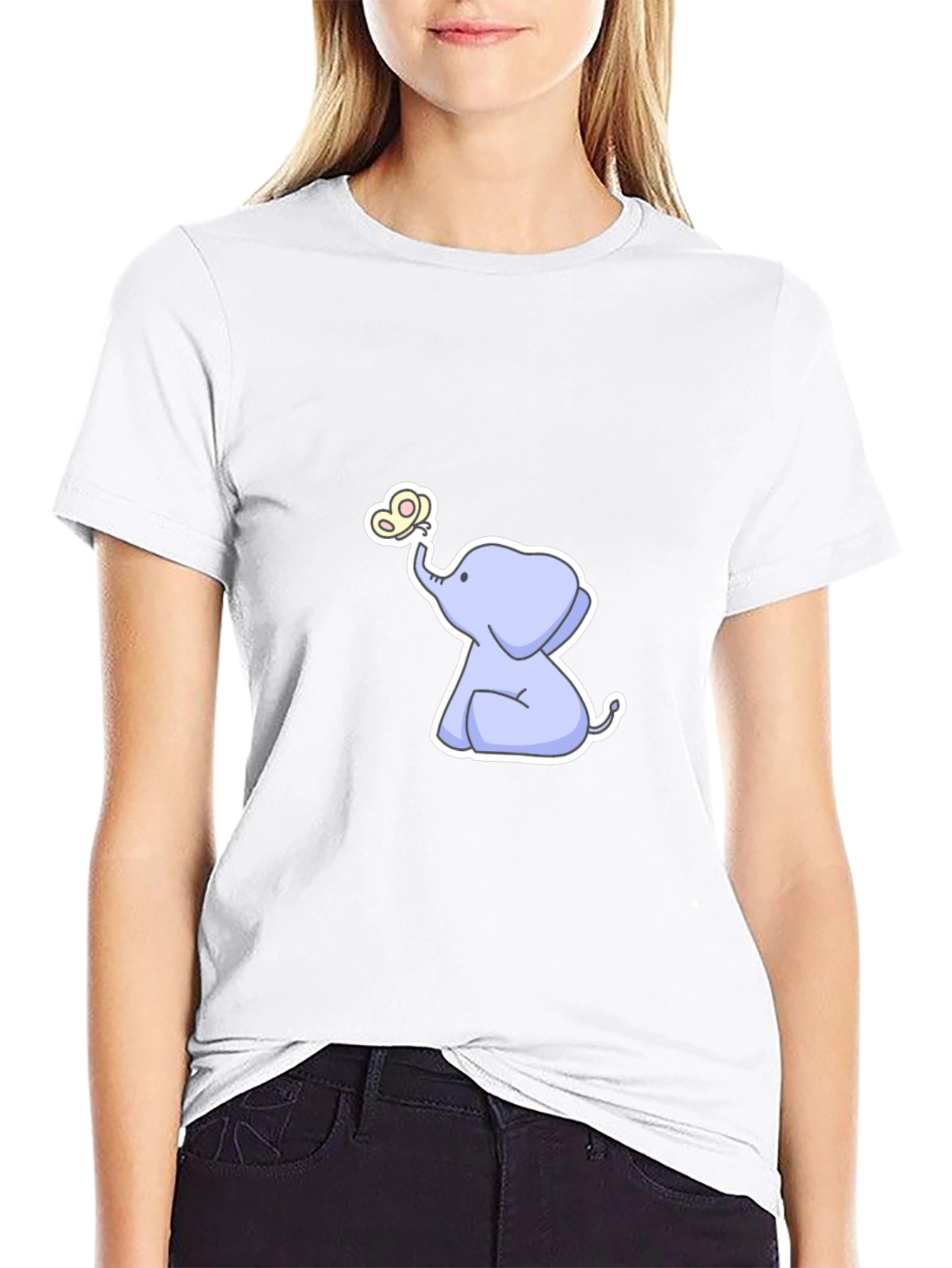 Cute Elephant & Butterfly Graphic Black T-Shirt