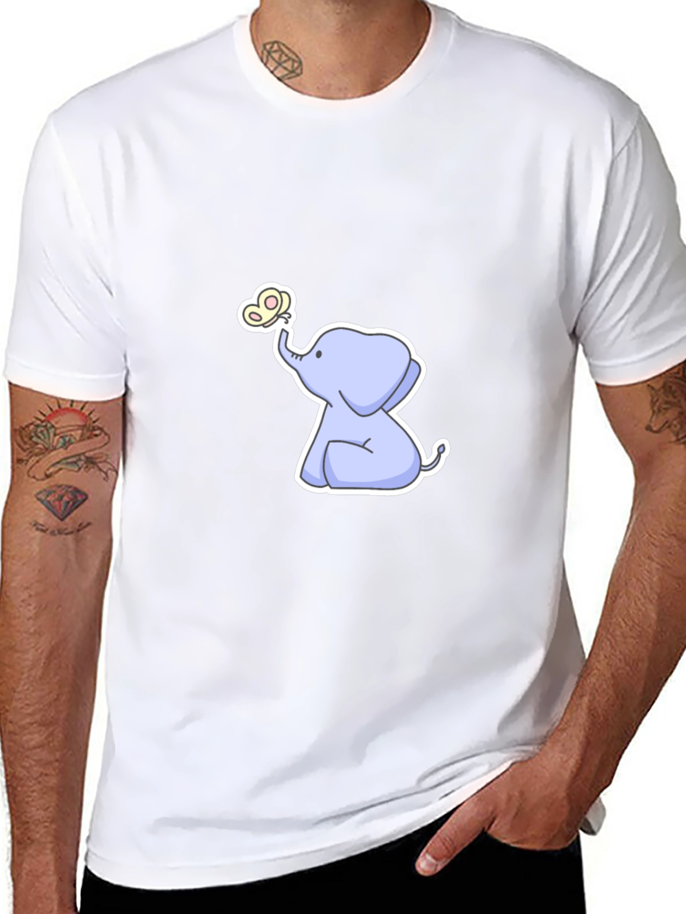 Cute Elephant & Butterfly Graphic Black T-Shirt
