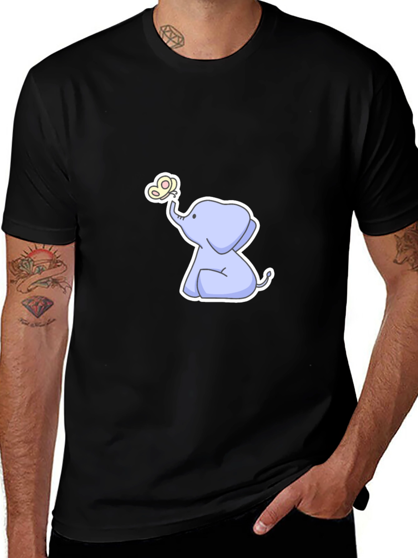 Cute Elephant & Butterfly Graphic Black T-Shirt