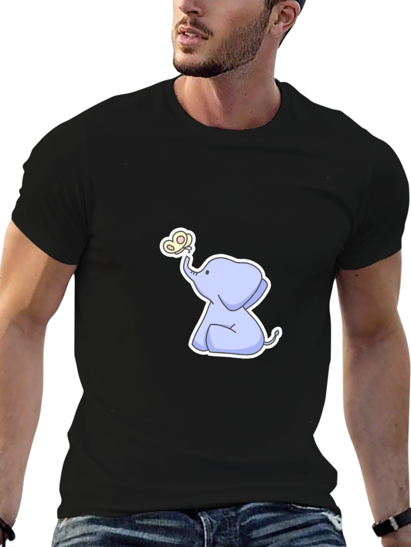 Cute Elephant & Butterfly Graphic Black T-Shirt