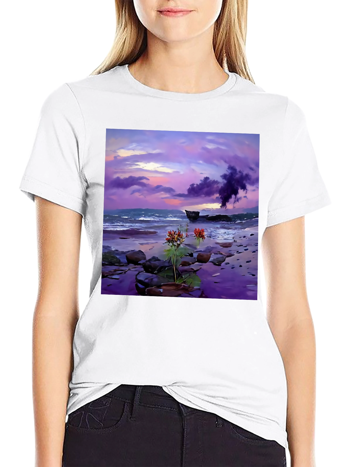 Coastal Sunset Tee: Artistic Beach Scene Black T-Shirt