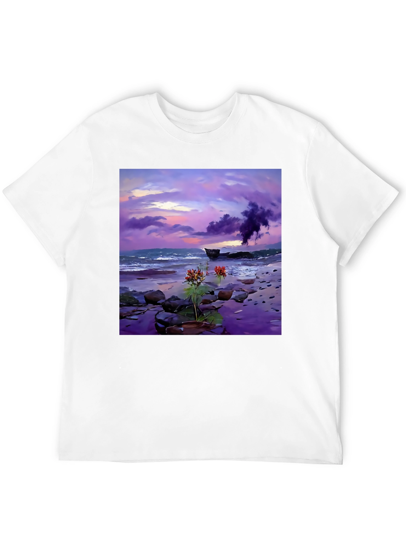 Coastal Sunset Tee: Artistic Beach Scene Black T-Shirt