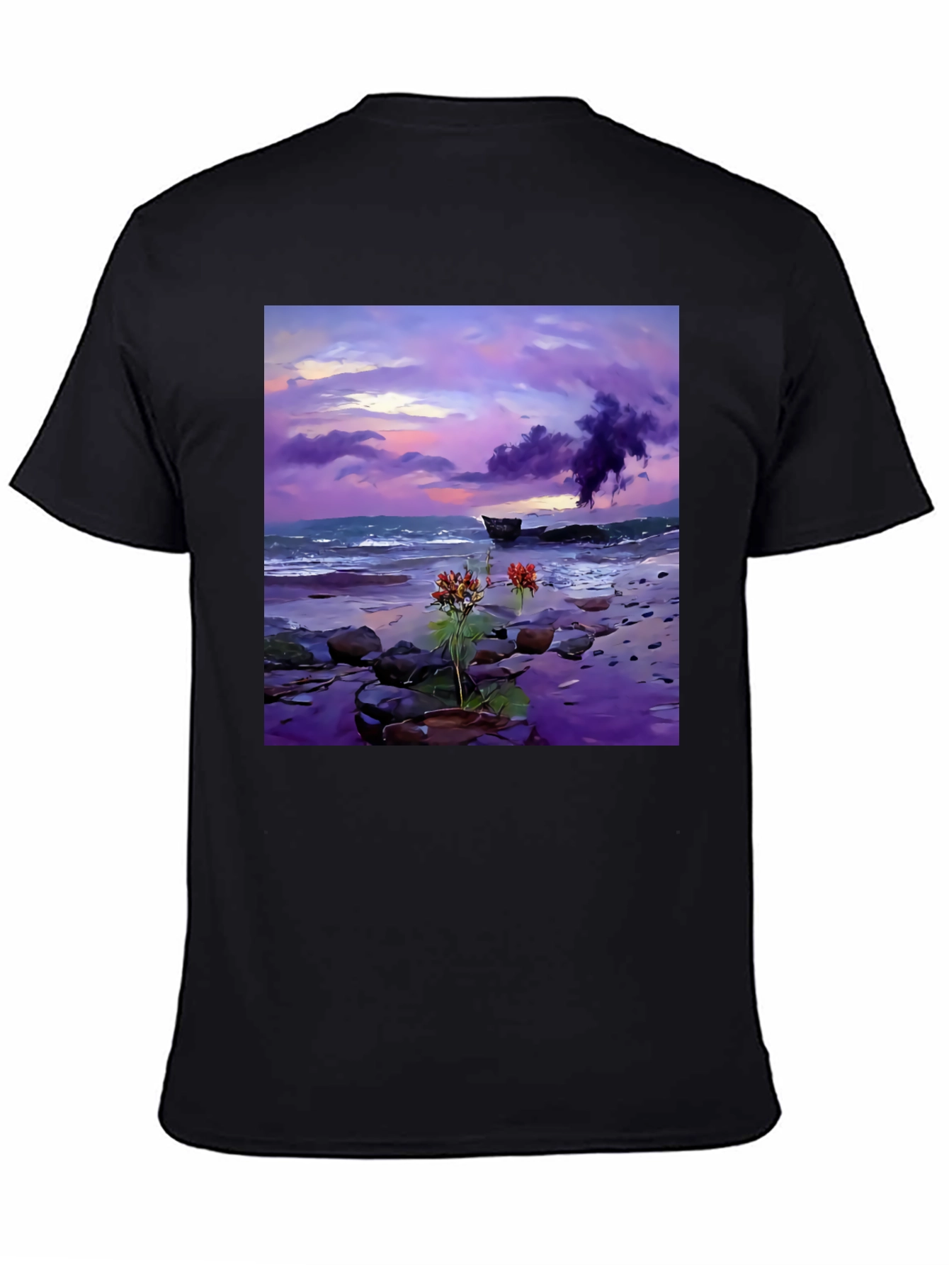 Coastal Sunset Tee: Artistic Beach Scene Black T-Shirt