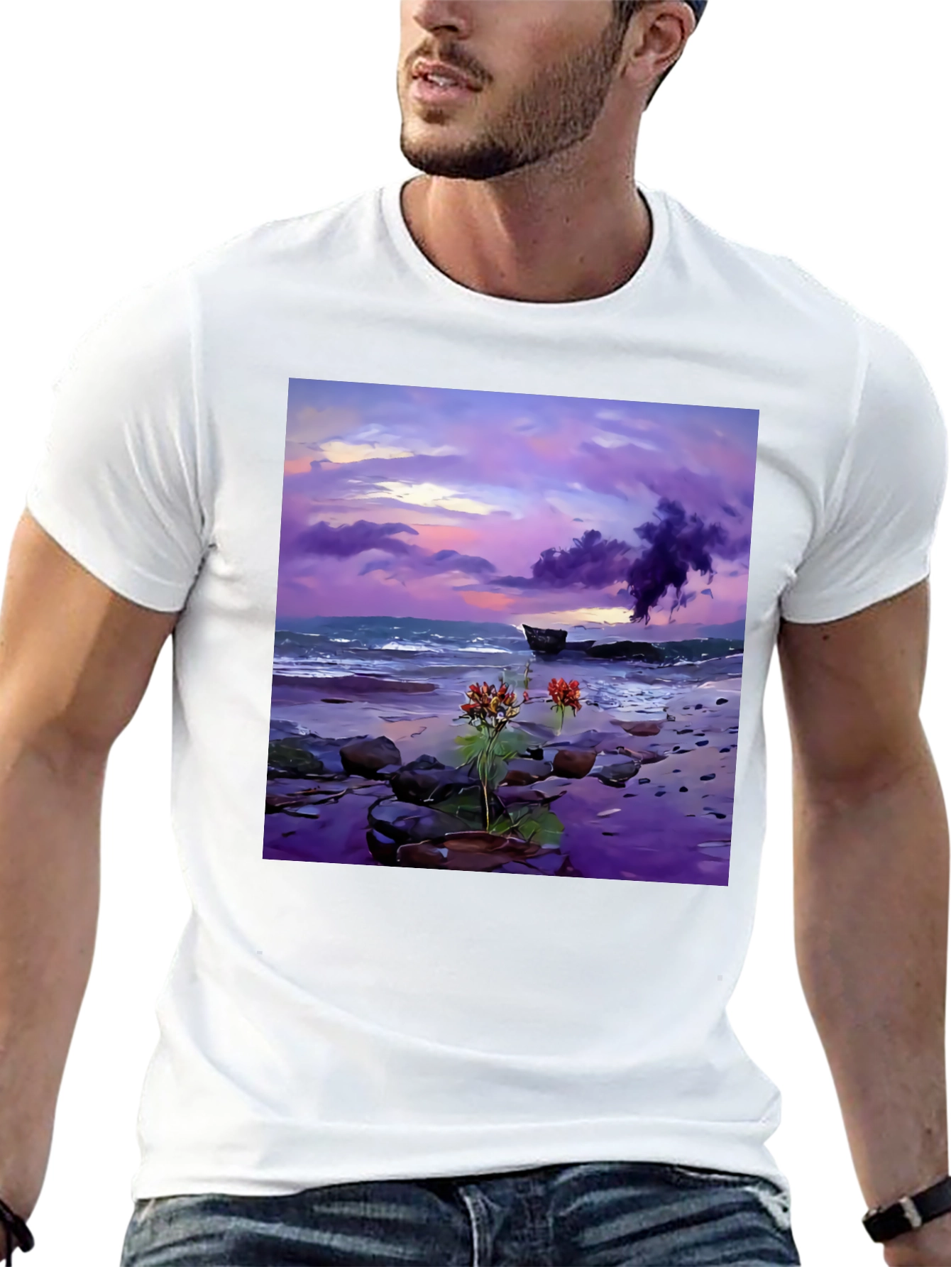 Coastal Sunset Tee: Artistic Beach Scene Black T-Shirt