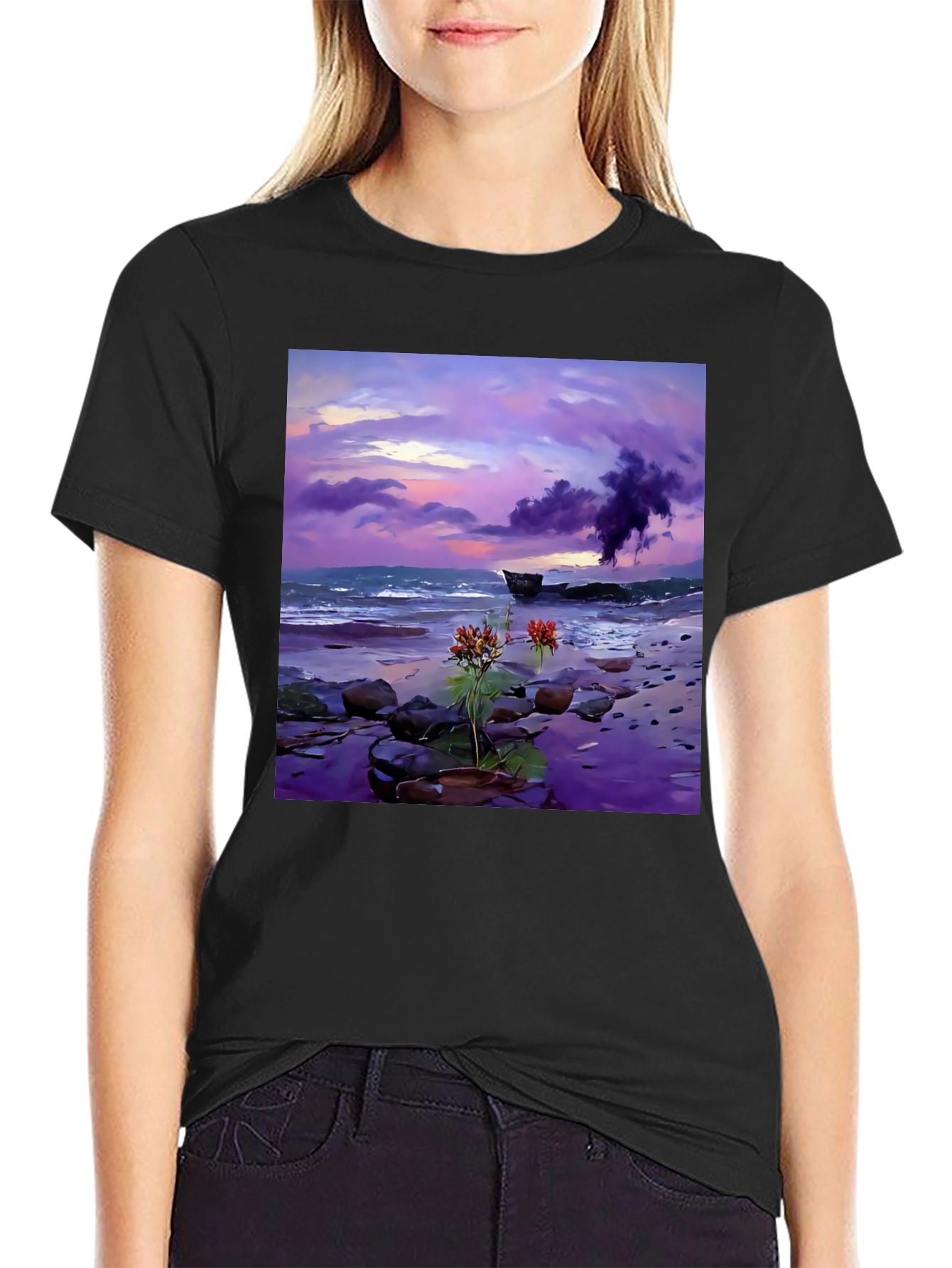 Coastal Sunset Tee: Artistic Beach Scene Black T-Shirt