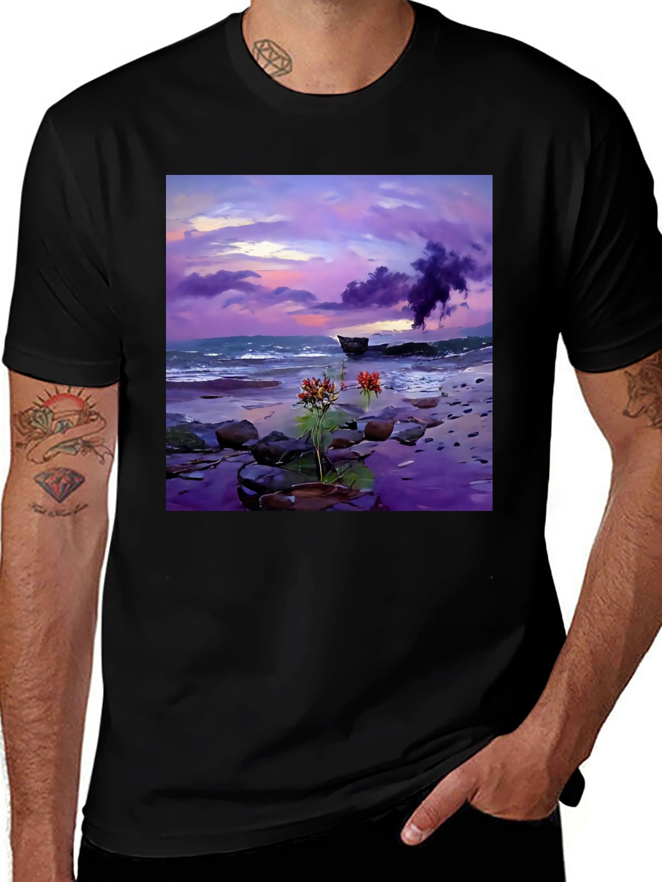 Coastal Sunset Tee: Artistic Beach Scene Black T-Shirt