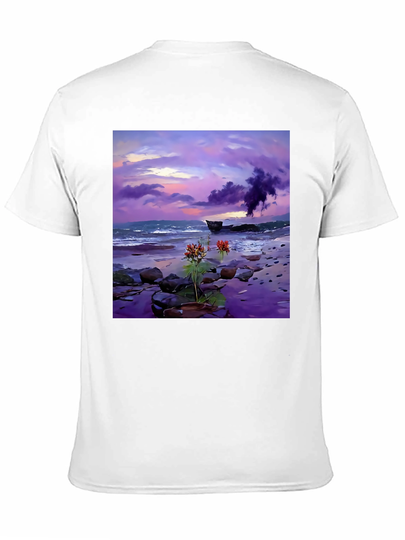 Coastal Sunset Tee: Artistic Beach Scene Black T-Shirt
