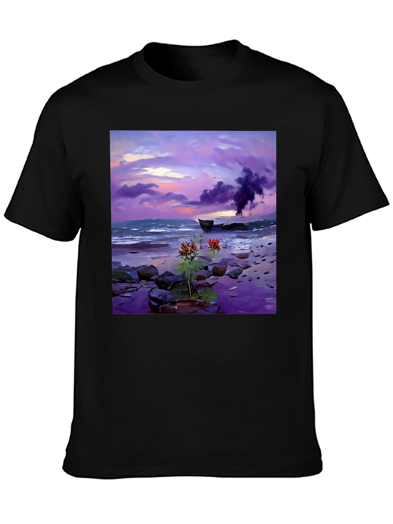Coastal Sunset Tee: Artistic Beach Scene Black T-Shirt
