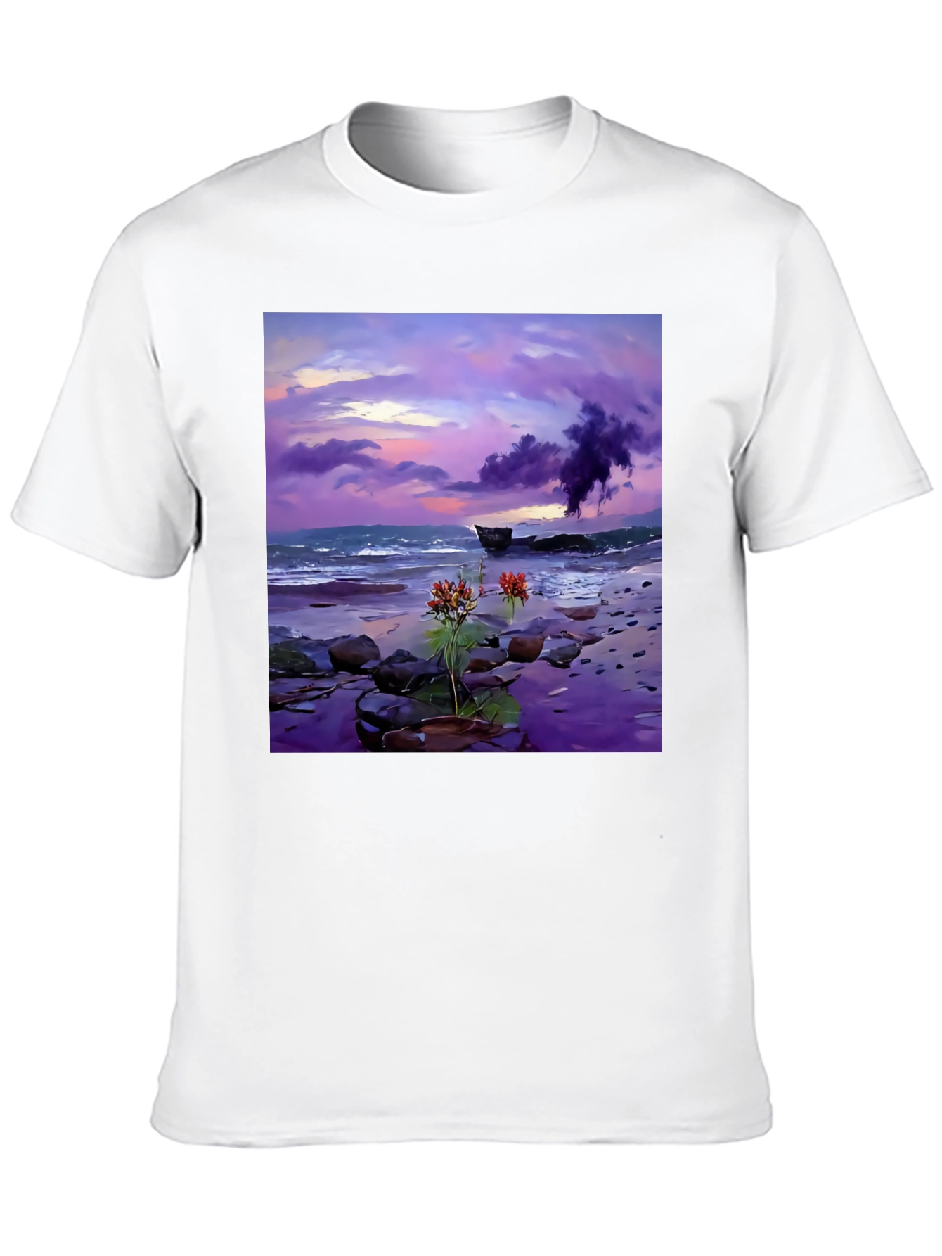 Coastal Sunset Tee: Artistic Beach Scene Black T-Shirt