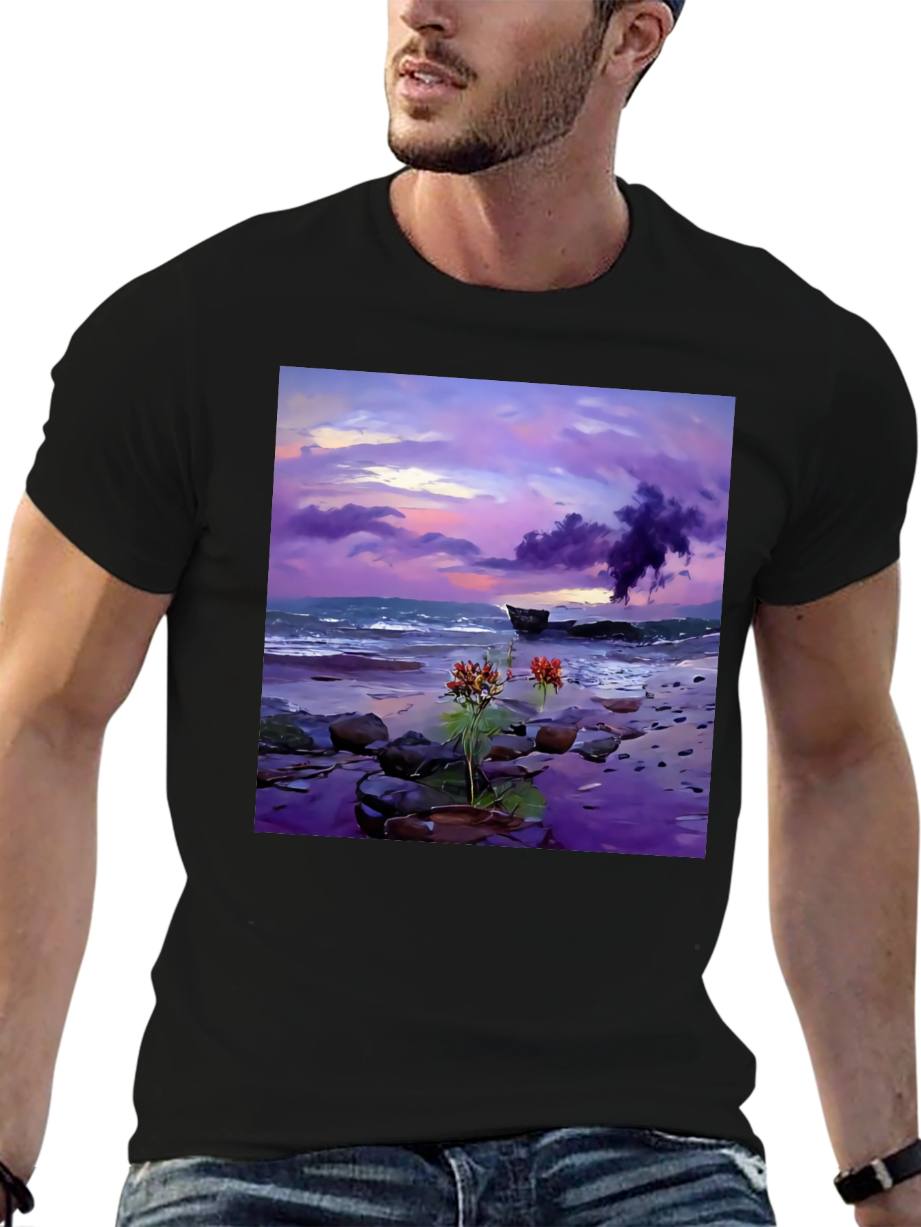 Coastal Sunset Tee: Artistic Beach Scene Black T-Shirt