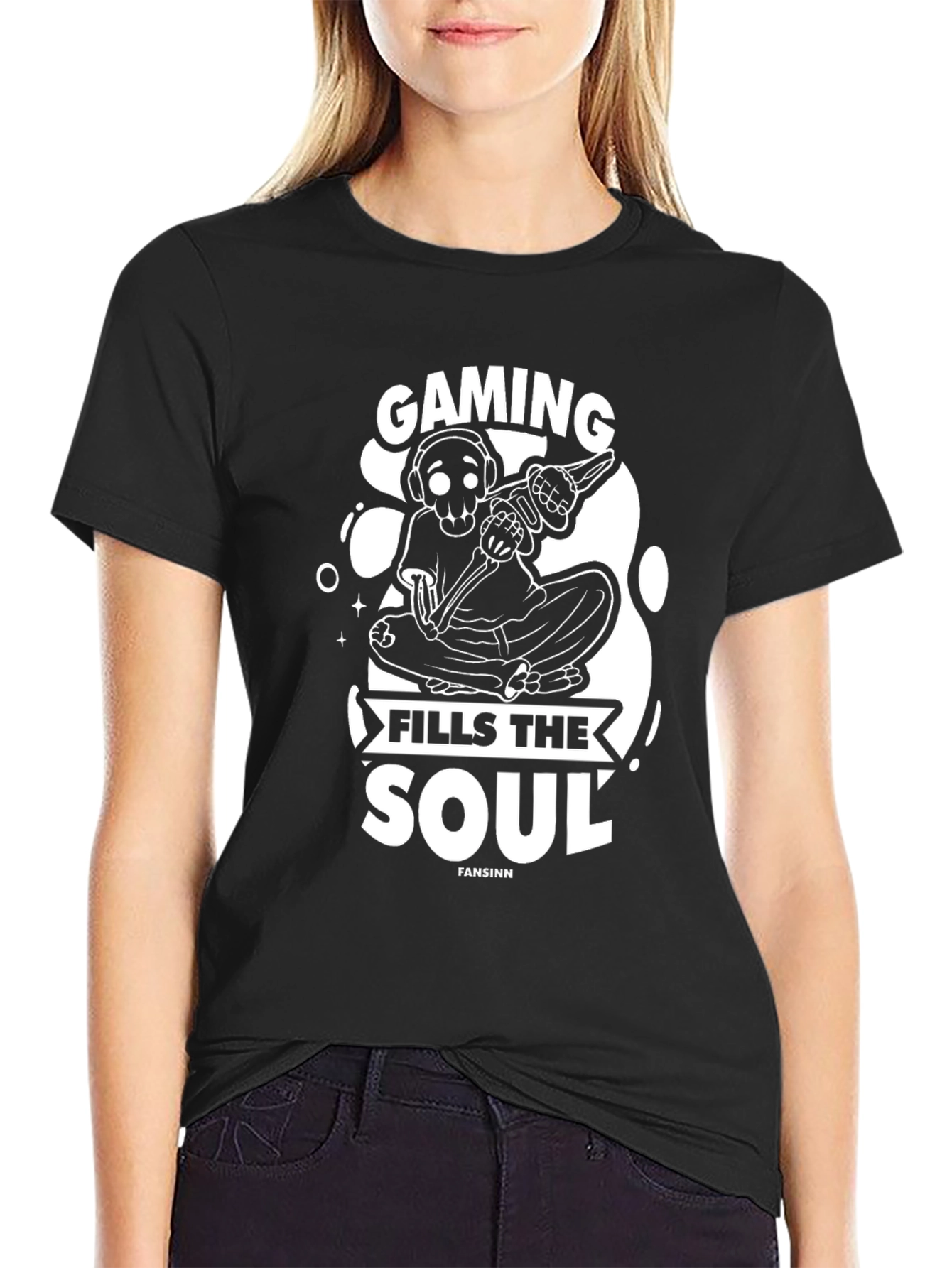 Gaming Fills The Soul Skeleton Black T-Shirt