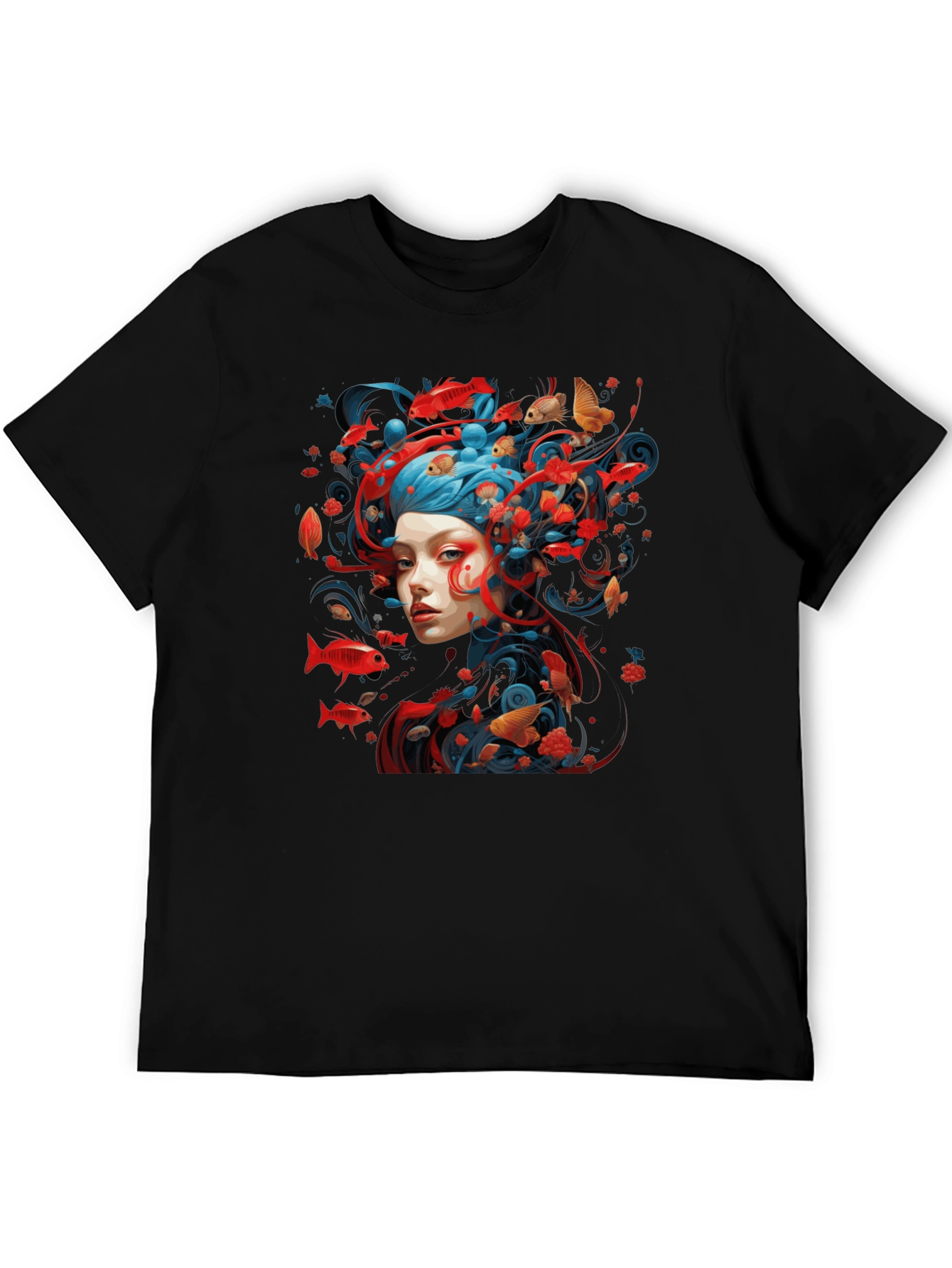 Artistic Fish Design Black T-Shirt