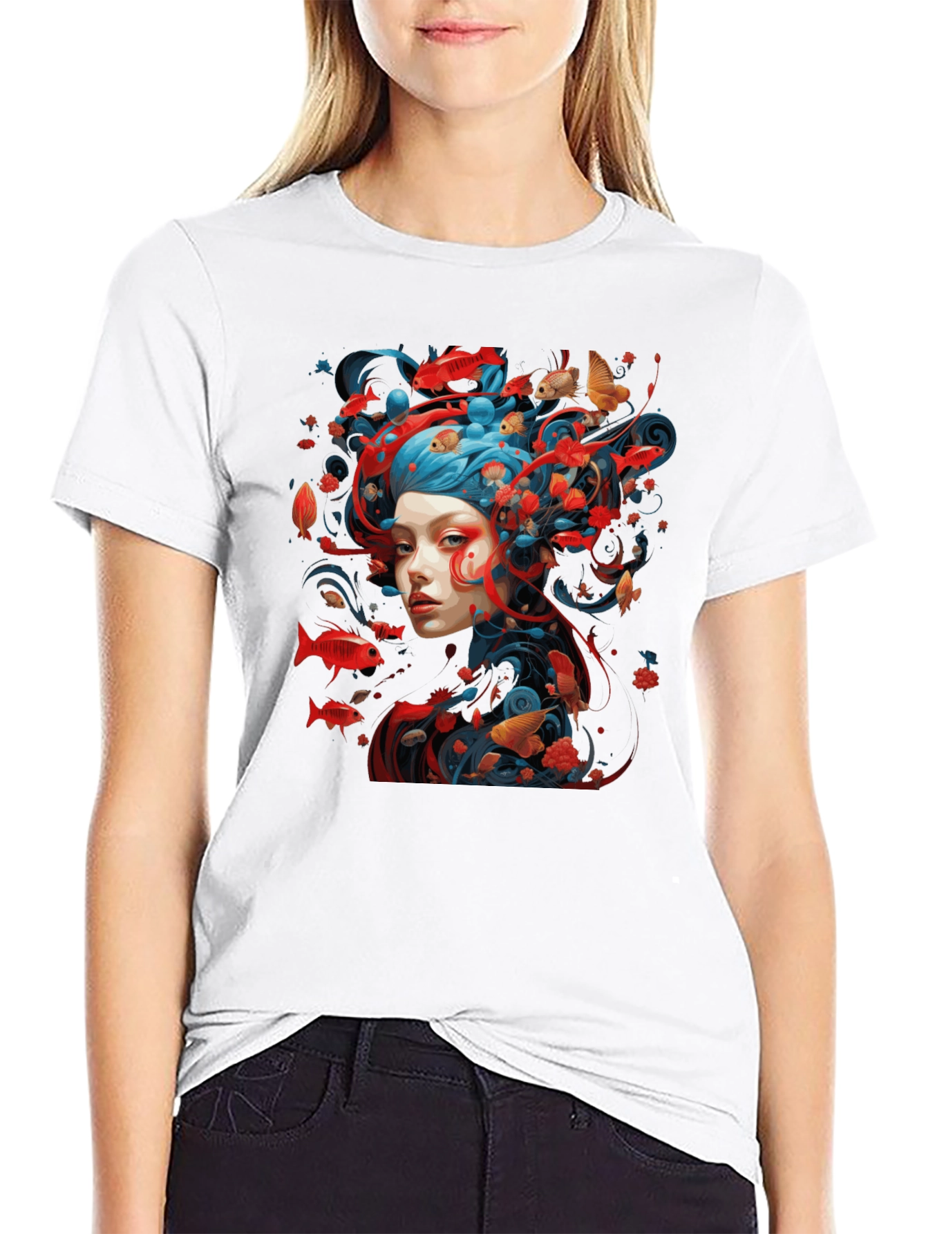 Artistic Fish Design Black T-Shirt