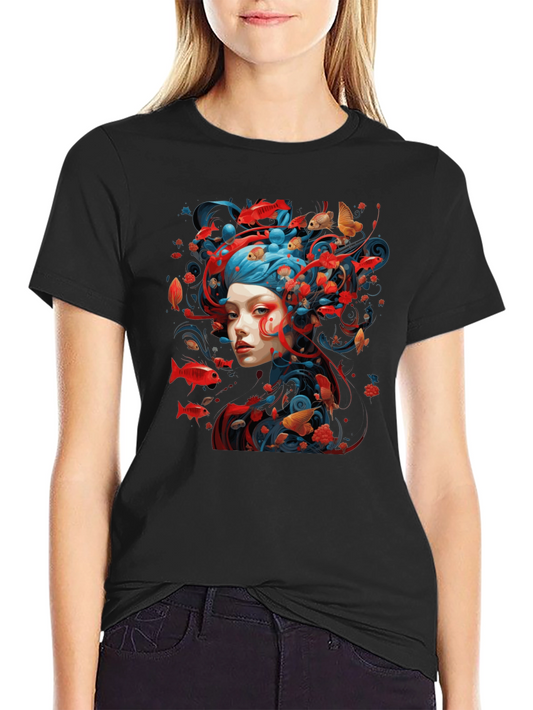Artistic Fish Design Black T-Shirt