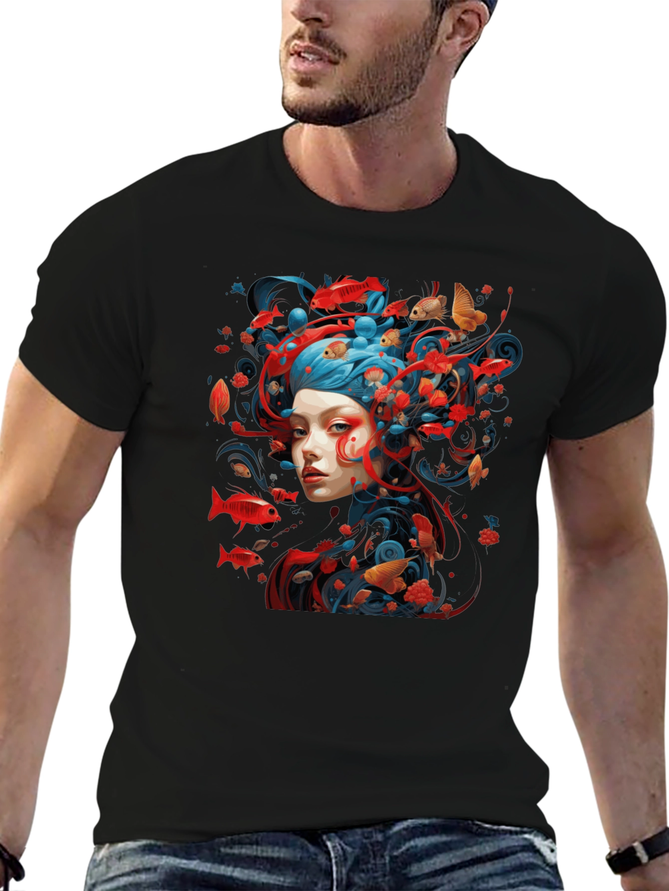 Artistic Fish Design Black T-Shirt