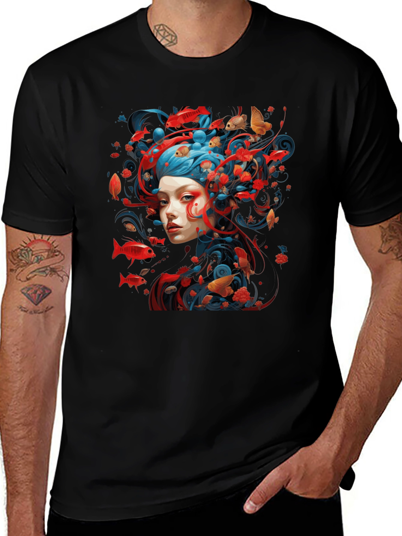 Artistic Fish Design Black T-Shirt