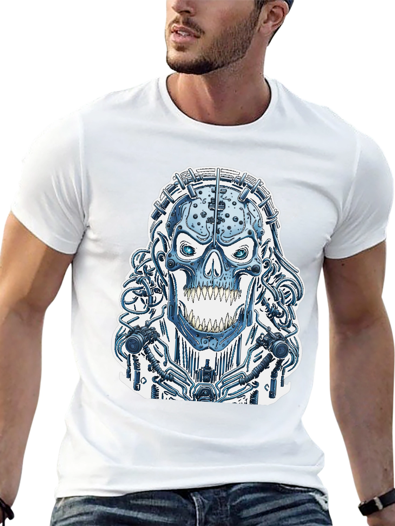 Cyberpunk Skull Graphic Tee - Black Cotton T-Shirt