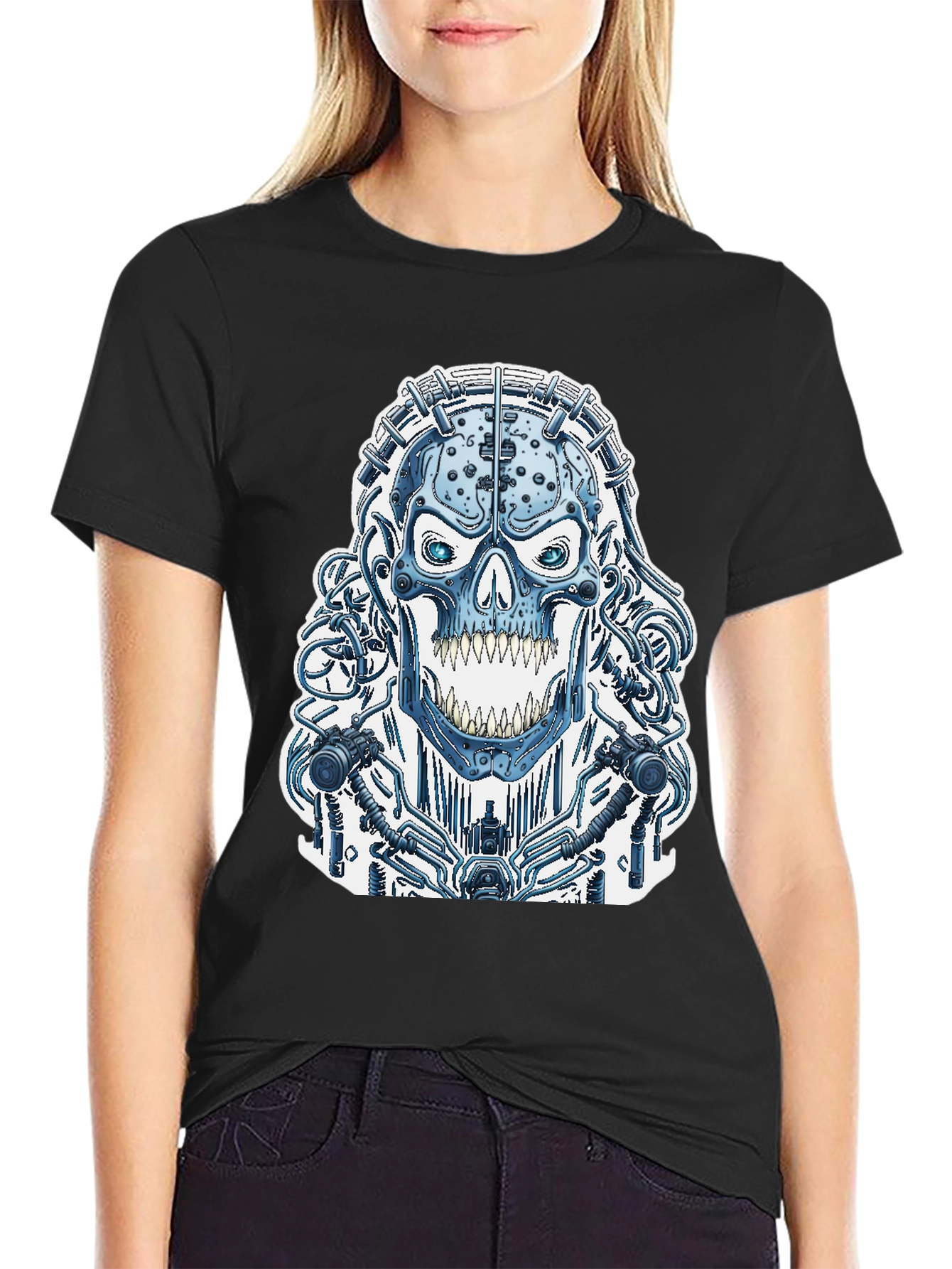 Cyberpunk Skull Graphic Tee - Black Cotton T-Shirt