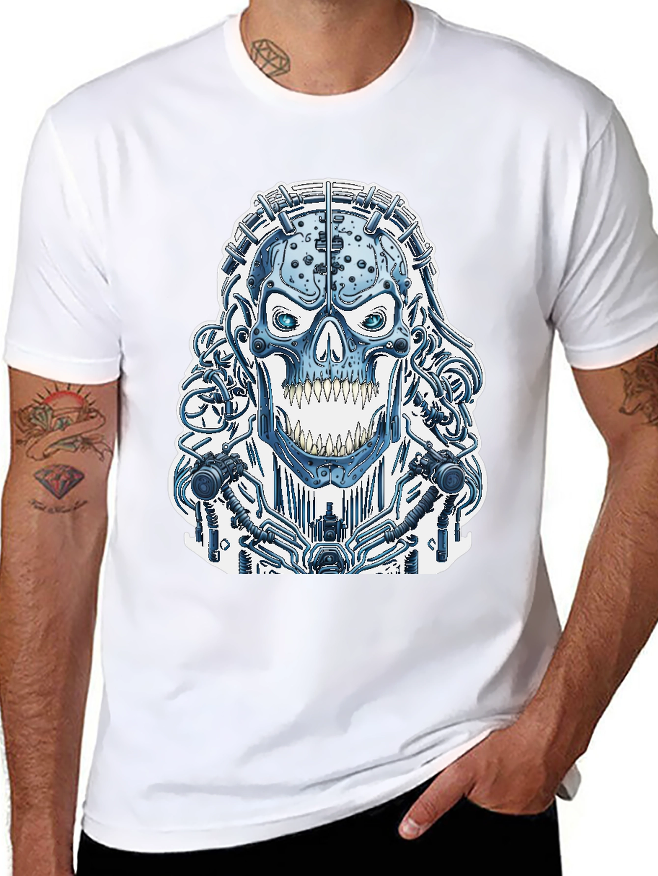 Cyberpunk Skull Graphic Tee - Black Cotton T-Shirt