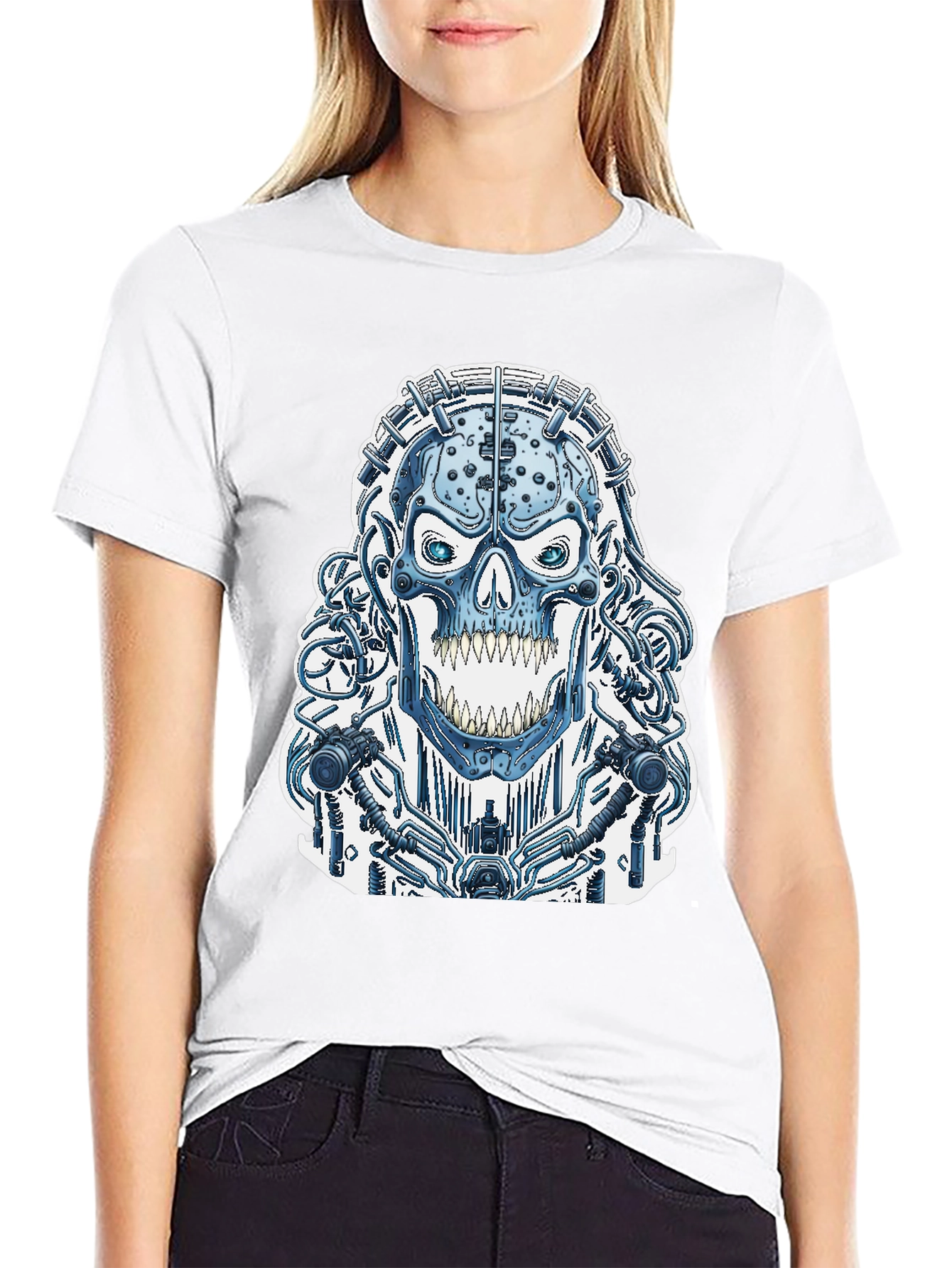 Cyberpunk Skull Graphic Tee - Black Cotton T-Shirt