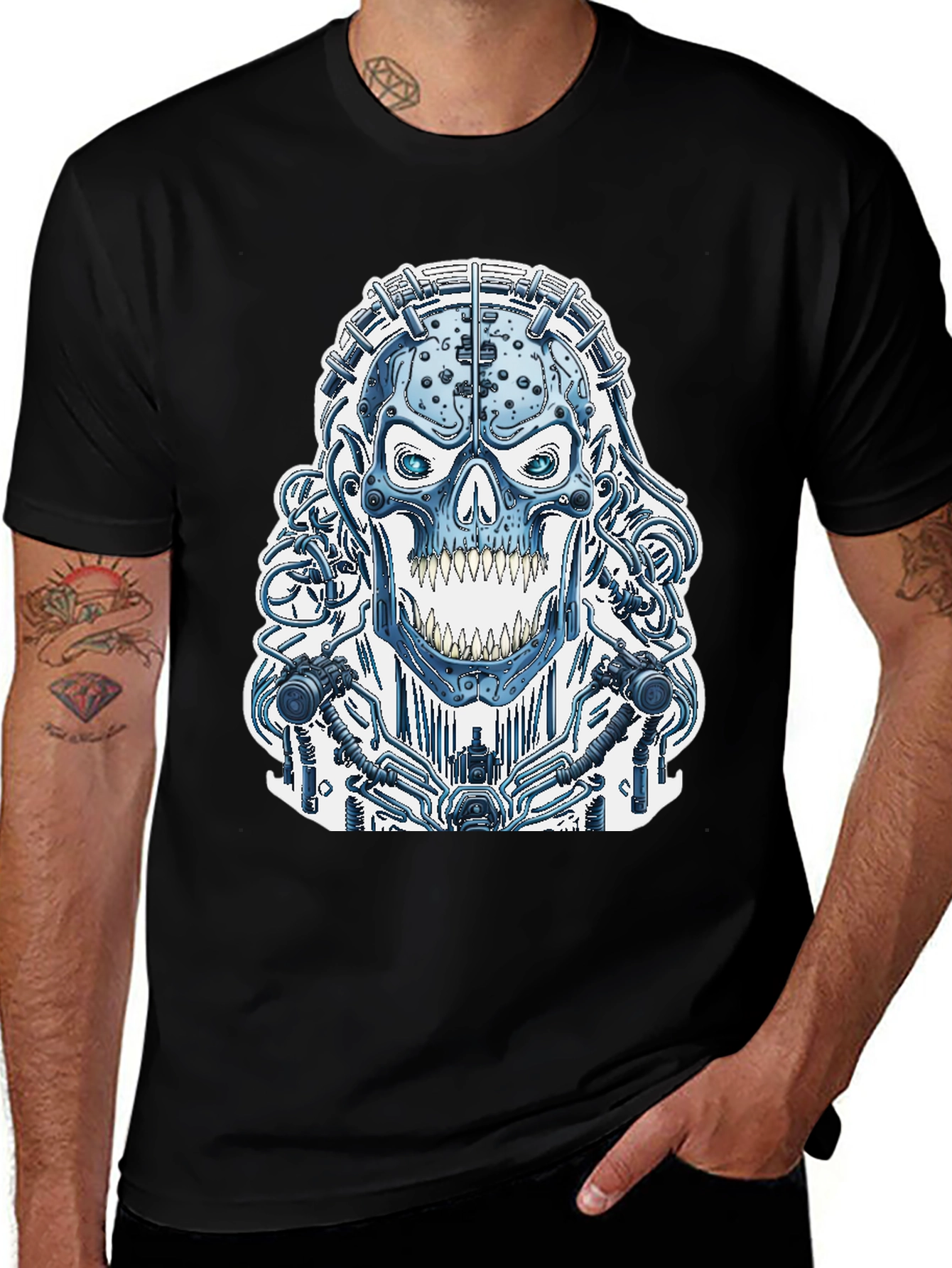 Cyberpunk Skull Graphic Tee - Black Cotton T-Shirt
