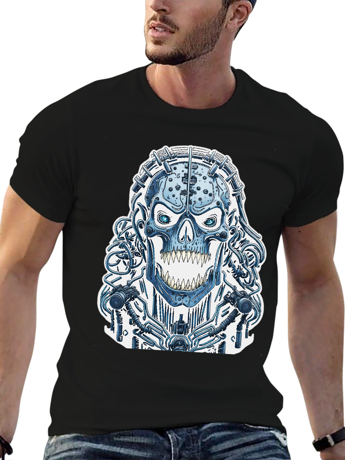 Cyberpunk Skull Graphic Tee - Black Cotton T-Shirt