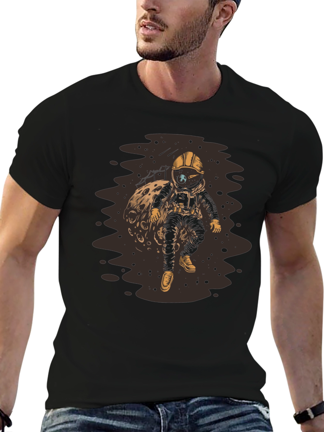 Astronaut on Moon Black T-Shirt