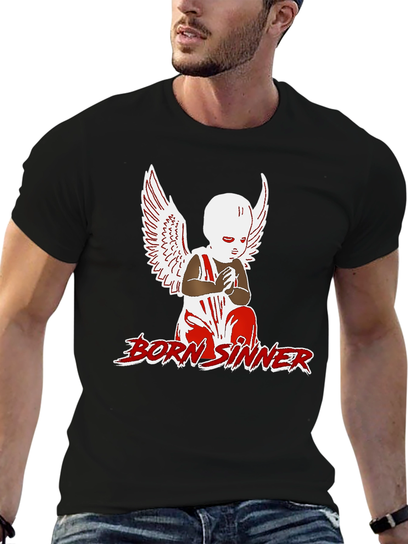 Born Sinner Graphic Tee - Angel Wings Design