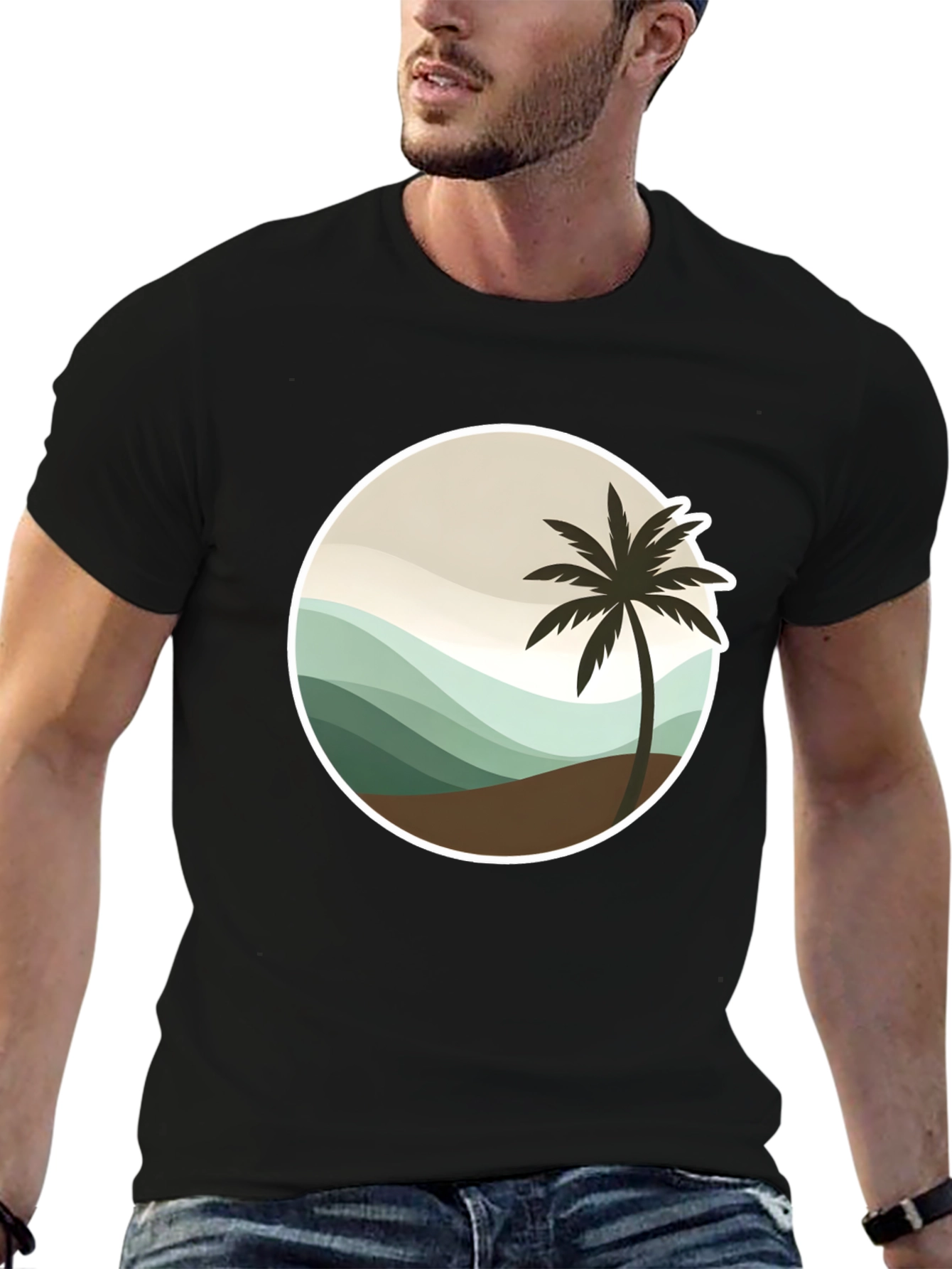 Tropical Palm Tree Graphic Tee - Black Casual T-Shirt