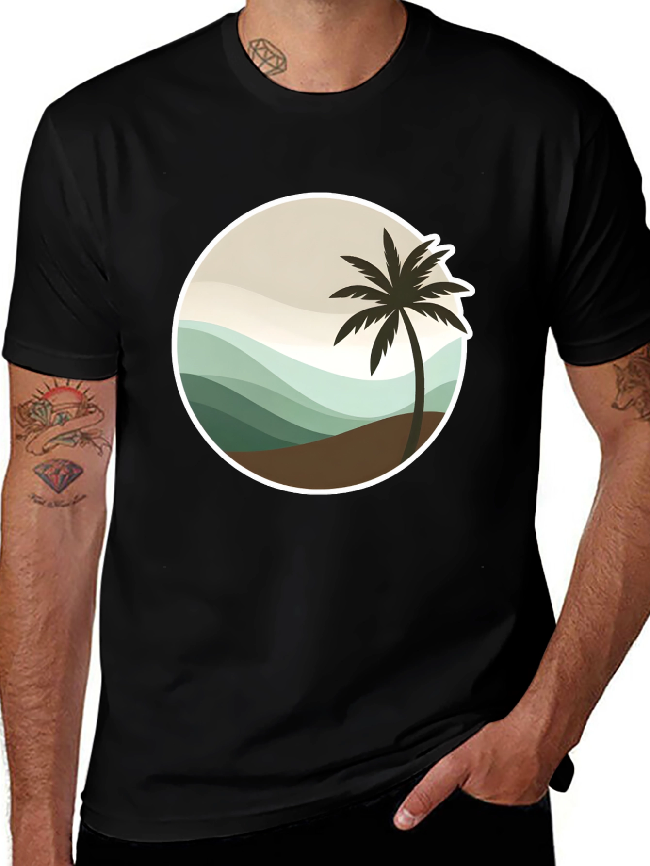 Tropical Palm Tree Graphic Tee - Black Casual T-Shirt