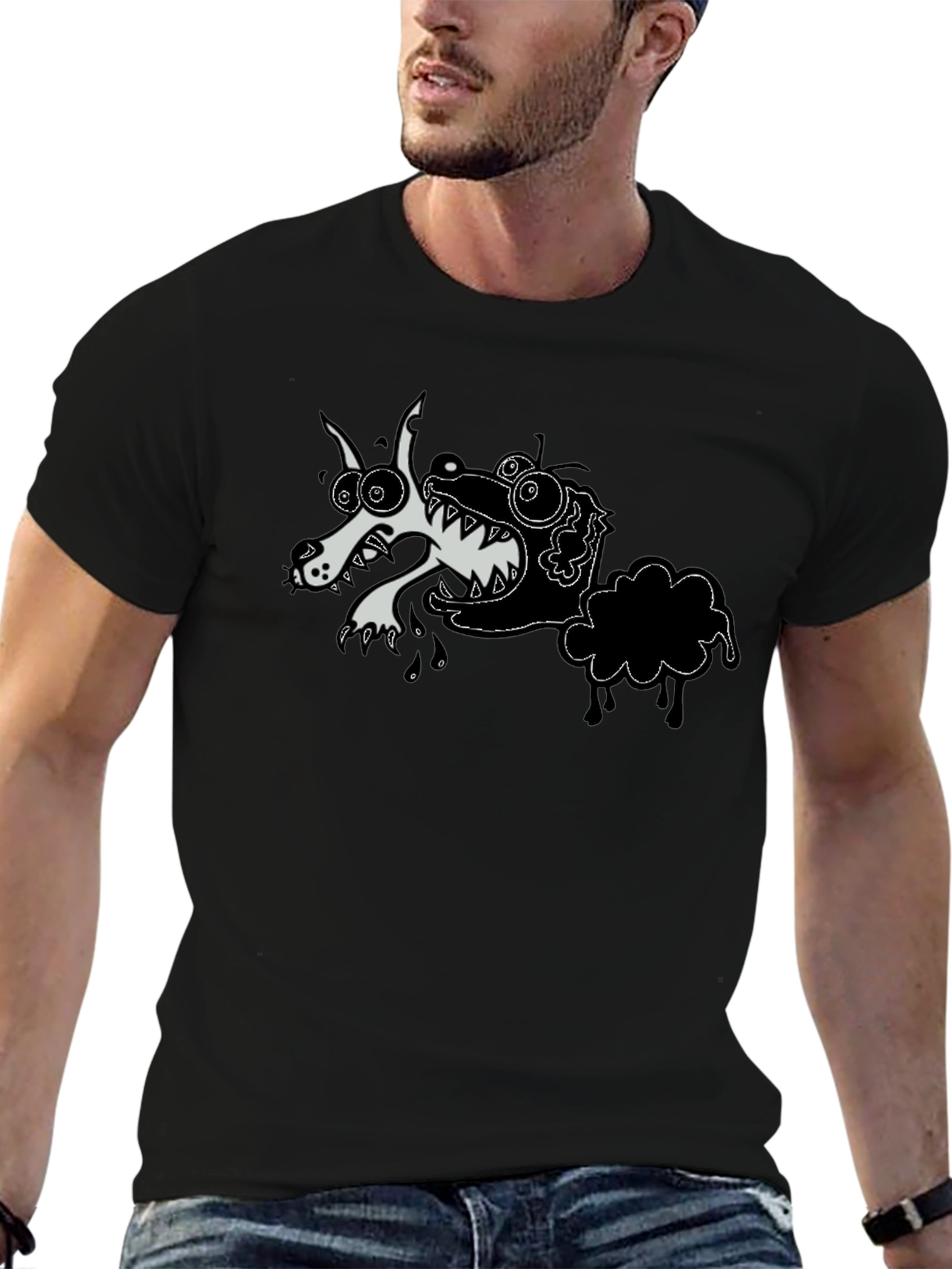 Cartoon Wolf & Sheep Black T-Shirt